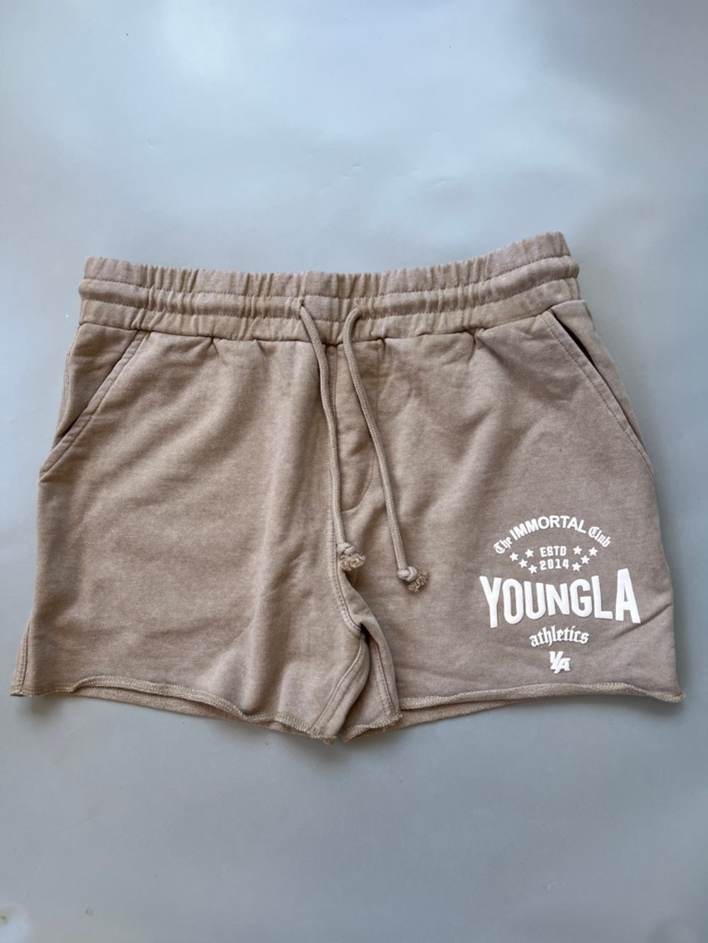 YoungLA Beige Athletic Shorts with White Logo
